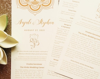 Wedding Program - Ivory, Champagne, White, Gold, Rose, Pink, Burgundy - Ganesh, Lotus Mandala - Indian, Hindu Ceremony - Chakra Collection