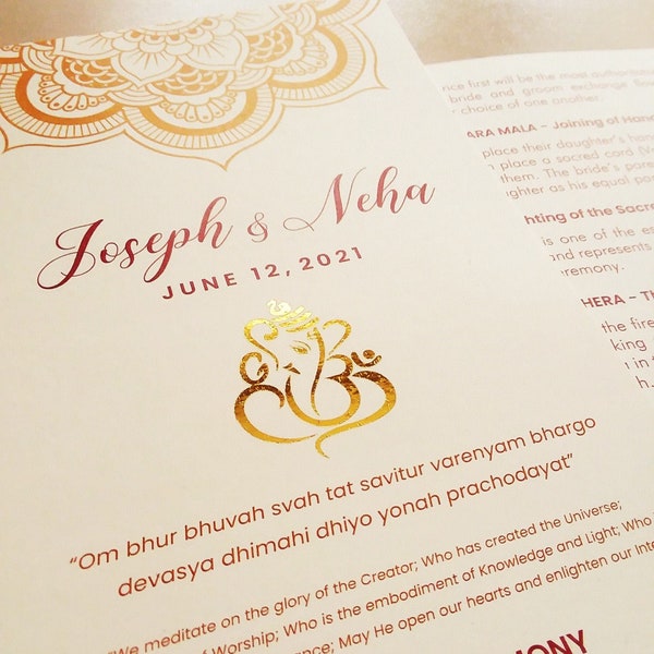 Wedding Program - Ivory, Champagne, White, Gold, Rose, Pink, Burgundy - Ganesh, Lotus Mandala - Indian, Hindu Ceremony - Chakra Collection