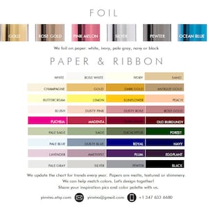 Könnte beinhalten: Eine Farbkarte mit Folienoptionen wie Gold, Roségold, Pink Melon, Silber, Zinn und Ozeanblau sowie ein Raster mit Papier- und Bandfarben, das von Weiß, Elfenbein und Sand bis hin zu verschiedenen Rosa-, Blau-, Grün- und Schwarztönen reicht.