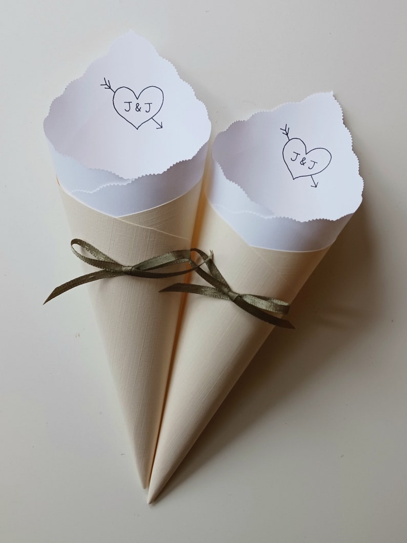 Wedding Cones with Ribbon, Custom Colors, Foil for Petal Toss, Confetti, Seed, Favor, Basket, Box, Ceremony Send Off Bistro Collection image 3