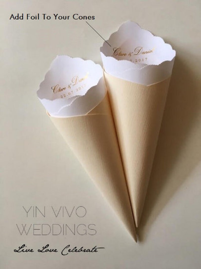 Wedding Cones with Ribbon, Custom Colors, Foil for Petal Toss, Confetti, Seed, Favor, Basket, Box, Ceremony Send Off Bistro Collection image 9
