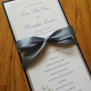 Wedding Ceremony Program Double Sided with Ribbon Bow Custom Text, Colors, Fonts, Clip Art, Printing, Foil Bistro Collection SAMPLE image 4