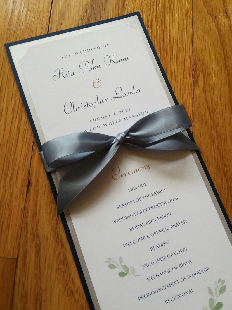 Wedding Ceremony Program Double Sided with Ribbon Bow Custom Text, Colors, Fonts, Clip Art, Printing, Foil Bistro Collection SAMPLE image 4