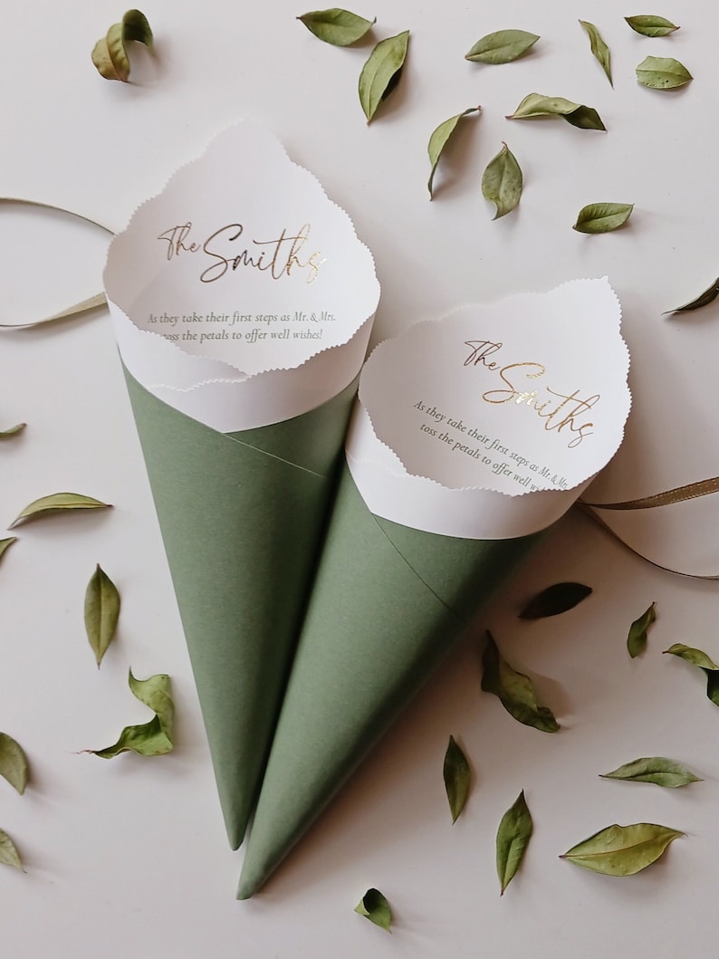 Wedding Cones with Ribbon, Custom Colors, Foil for Petal Toss, Confetti, Seed, Favor, Basket, Box, Ceremony Send Off Bistro Collection image 1