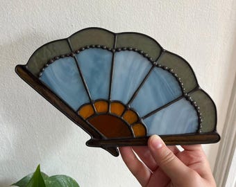 Stained Glass "Paper" Folding Fan Wall Art - Dusty Blue & Olive Green