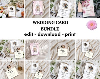 Purple Pink Floral Wedding Invitation Bundle, Digital Bundle, Ilustration Invite Set, Colorful Wedding Suite