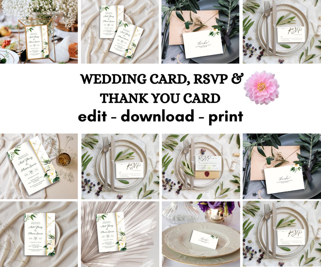 Green White Floral Wedding Invitation Bundle, Thank You RSVP Cards ...
