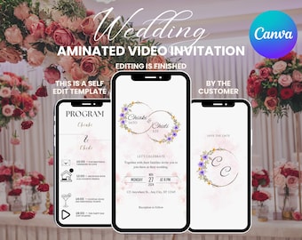 White Illustrated Wedding Flower Invitation, Modern Animated Wedding Invitation, Virtual Interactive RSVP Card, Marriage Announcement