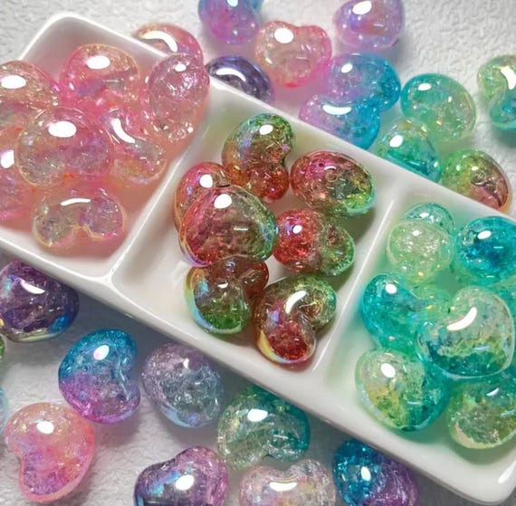 Colorful Acrylic Gradient Crackle Heart Beads, Multi Colored Love Mix