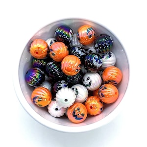 Colorful Pumpkin Halloween Beads, 16mm White, Orange,  Black UV Effect, Fall Decorations
