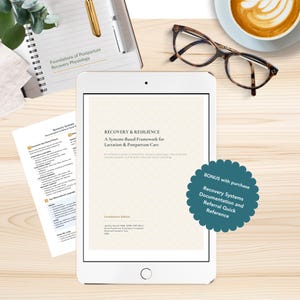 May include: A white tablet displaying a digital book titled Recovery & Resilience: A Systems-Based Framework for Lactation & Postpartum Care, featuring a teal scalloped badge that reads BONUS with purchase Recovery Systems Documentation and Referral Quick Reference.