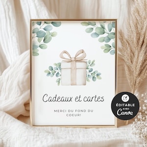 Affiche de table Cadeaux et cartes, Shower de bébé, modèle Canva, en français, imprimable et personnalisable, cigogne neutre, BO001