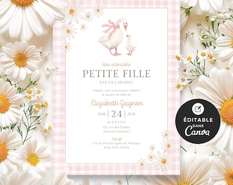 Invito doccia de bébé, modèle Canva, français, imprimable, baby shower, Petite oie blanche, fille, rose, marguerite, EV005