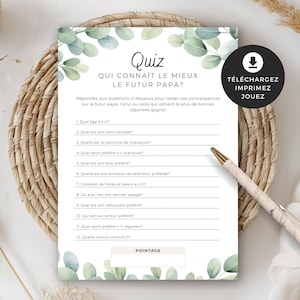 Jeu pour shower de bébé, Quiz - Qui connaît le mieux le futur papa?, en français, PDF imprimable, baby shower, cigogne neutre, BO001