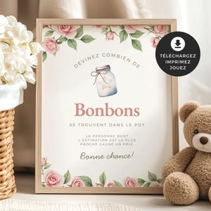 ジュ シャワー ド ベベ、Devinez combien de bonbons se trouvent dans le Pot、PDF 原始的、ベビー シャワー、ジャルダン デ フェ、フィーユ、ローズ、BO003
