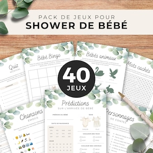 Pack de 40 jeux pour shower de bébé, en français, PDF imprimable, téléchargement instantané, baby shower, cigogne neutre, BO001