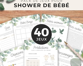 Pack de 40 jeux pour shower de bébé, français, PDF imprimable, téléchargement instantané, baby shower, cigogne neutre, unisexe, BO001
