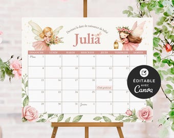 Ondoordringbare stortdouche met kalender, canva-model, frans, prédiction de naissance, babyshower, Jardin des Fées, Fille Rose, BO003