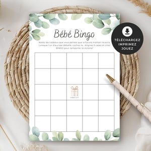 Jeu pour shower de bébé, Bébé Bingo, en français, PDF imprimable, téléchargement instantané, baby shower, cigogne neutre, BO001