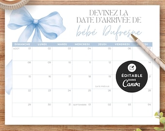 Calendrier imprimable shower de bébé, modèle Canva, français, prédiction de naissance, baby shower, Boucle bleue, Garçon, Aquarelle, EV004
