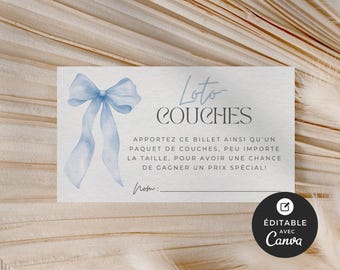 Carte d'accompagnament pour shower de bébé, Loto-Couches, modèle Canva, français, imprimable, baby shower, boucle bleue, garçon, EV004