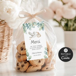 Étiquettes de remerciement pour shower de bébé, modèle Canva, en français, imprimable et personnalisable, baby shower, cigogne neutre, BO001