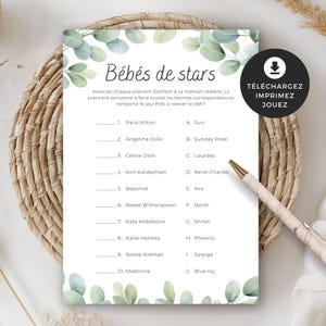 Jeu pour shower de bébé, Bébés de stars, en français, PDF imprimable, téléchargement instantané, baby shower, cigogne neutre, BO001