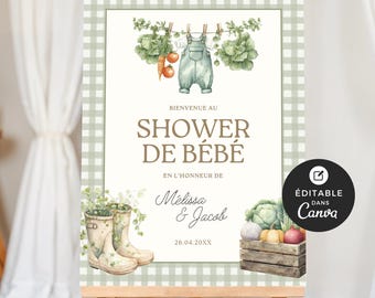 Affiche de bienvenue shower de bébé, modèle Canva éditable, français, baby shower, Cultivé avec amour, garçon, jardinage, légume, EV006