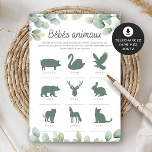 Jeu pour shower de bébé, Bébé Animaux, en français, PDF imprimable, téléchargement instantané, baby shower, cigogne neutre, BO001