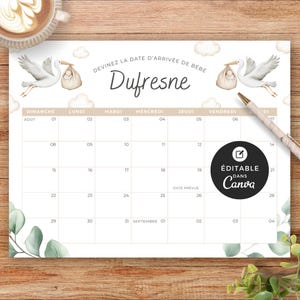 Calendrier imprimable pour shower de bébé, modèle Canva, en français, prédiction de naissance, baby shower, cigogne neutre, BO001