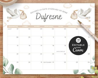 Ondoordringbare stortdouche met kalender, canva-model, français, prédiction de naissance, babyshower, cigogne neutre, BO001