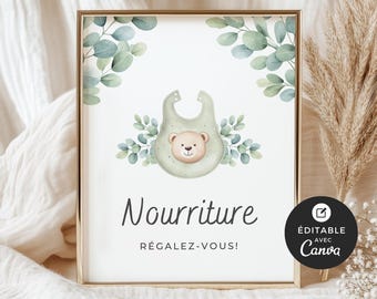Può includere: Un cartello stampabile con un bavaglino verde e un orsacchiotto sopra. Il cartello dice "Nourriture  Régaléz-vous!" ed è modificabile con Canva.