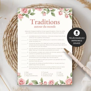 Jeu シャワー ド ベベ、Traditions du monde、フランセ、PDF imprimable、téléchargement instantané、ベビー シャワー、jardin fées、rose fille、BO003