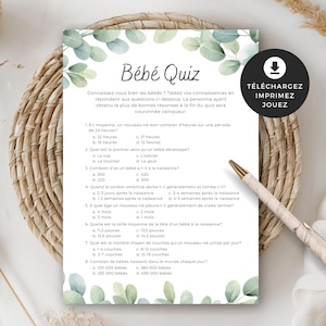 Jeu pour shower de bébé, Bébé Quiz, en français, PDF imprimable, téléchargement instantané, baby shower, cigogne neutre, BO001
