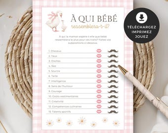 Jeu shower de bébé, À qui bébé ressemblera-t-il, français, PDF imprimable téléchargement instantané, baby shower, Petite oie blanche, EV005