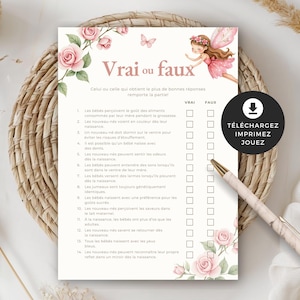 シャワー ド ベベを注ぐ、Vrai ou faux、français、PDF imprimable、téléchargement instantané、ベビー シャワー、jardin des fées、ローズ、フィーユ、BO003