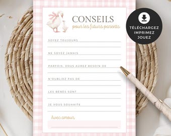 Jeu shower de bébé, consigli futuri genitori, français, PDF imprimable, téléchargement instantané, baby shower, Petite oie blanche, EV005
