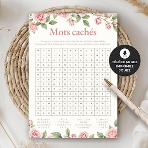 シャワー ド ベベ、Mots cachés、フランセ、PDF imprimable、téléchargement instantané、ベビー シャワー、jardin de fées、ローズ、フィーユ、BO003
