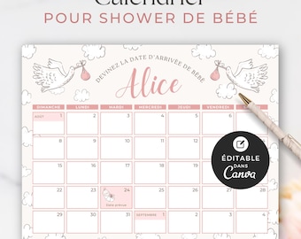 Ondoordringbare gietdouche met kalender, canva-model, frans, prédiction de naissance, babyshower, cigogneroos, fille, BO002