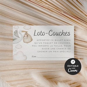 Carte d'accompagnement pour shower de bébé, Loto-Couches, modèle Canva, en français, imprimable, baby shower, cigogne neutre, BO001
