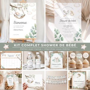 KIT COMPLET pour shower de bébé, en français, PDF imprimable, téléchargement instantané, baby shower, cigogne neutre, bundle, BO001