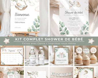 KIT COMPLET pour shower de bébé, français, PDF imprimable, téléchargement instantané, baby shower, cigogne neutre, bundle, BO001