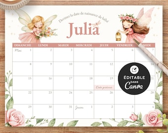 Ondoordringbare stortdouche met kalender, canva-model, frans, prédiction de naissance, babyshower, Jardin des Fées, Fille Rose, BO003