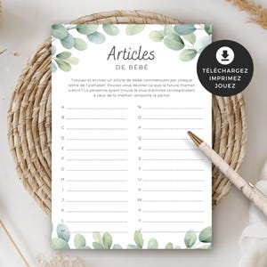 Jeu pour shower de bébé, articles de bébé, en français, PDF imprimable, téléchargement instantané, baby shower, cigogne neutre, BO001
