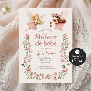 招待状、シャワー ド ベベ、モデル Canva、アン フランセ、不可解で個性的な、ベビー シャワー、ジャルダン ド フェ、フィーユ、ローズ、BO003