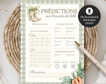 Jeu shower de bébé, carte de prédictions sur l'arrivée de bébé, français, PDF imprimable, baby shower, Cultivé avec amour, garçon, EV006