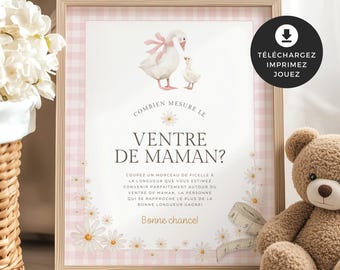 Jeu pour shower de bébé, Combien mesure le ventre de maman?, PDF imprimable, baby shower, Petite oie blanche, fille, rose, marguerite, EV005