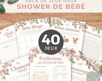 Confezione da 40 giochi per doccia per bébé, francese, PDF stampabile, download istantaneo, baby shower, bébé fille, rosa, BO003