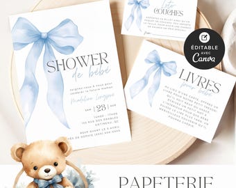 Ensemble de papeterie shower de bébé, modèle Canva, français, imprimable et personalisable, baby shower, boucle bleue, garçon, EV004