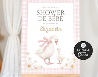 Affiche bienvenue shower de bébé, modèle Canva, français, imprimable, baby shower, Petite oie blanche, rose, fille, marguerite, EV005